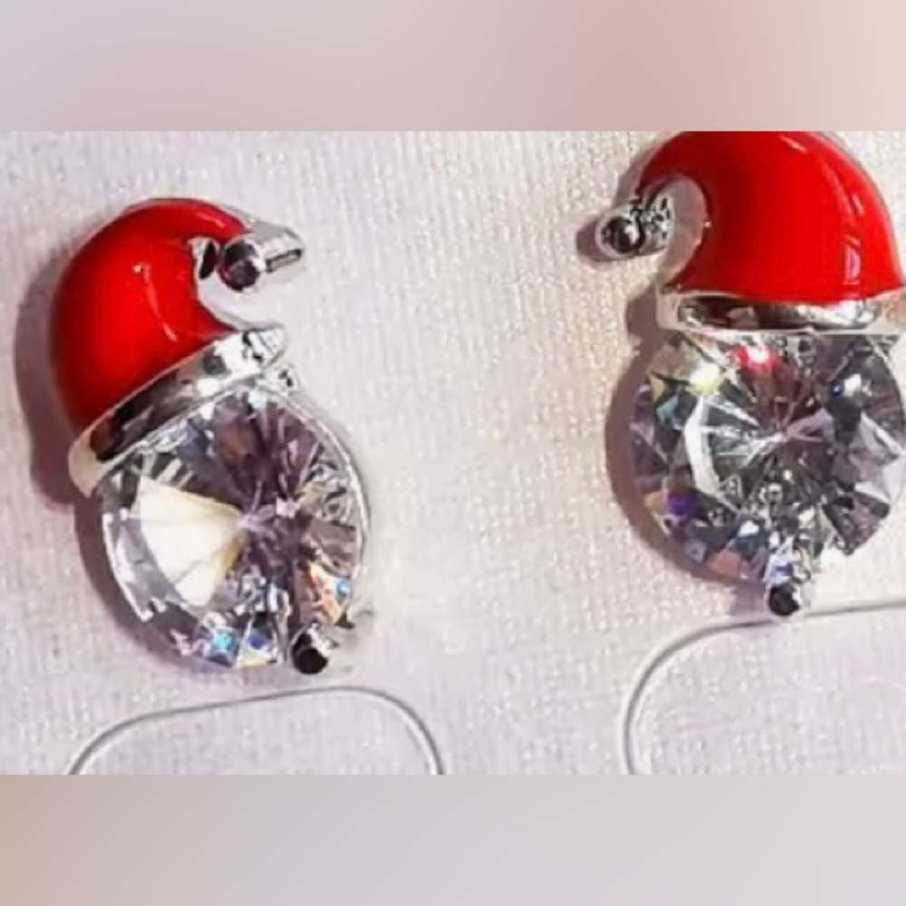 Crystal Santa Claus Stud Earrings Red Silver Tone Christmas Holiday - Picture 3 of 6